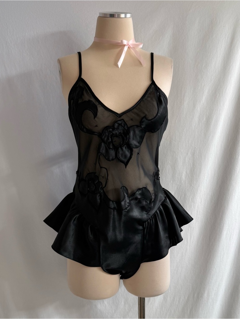 Vintage Sheer Black Satin Ruffle Romper